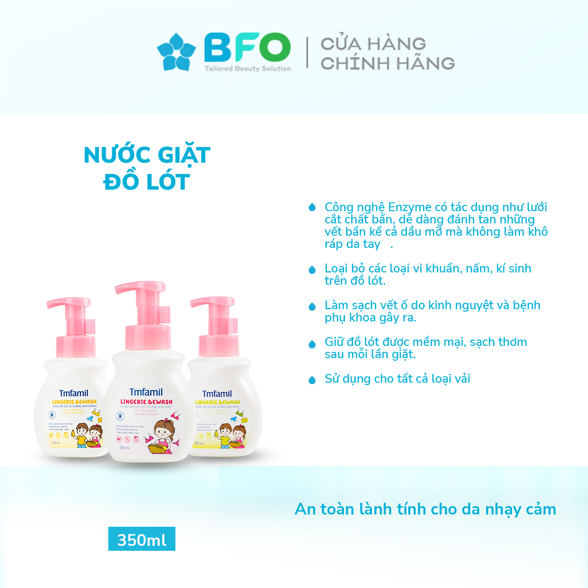 Nước Giặt Đồ Lót Sinh Học Chuyên Dụng BeWash Kháng Khuẩn Hương Anh Đào/ Cam Chanh/ Nho Dung Tích 350ML