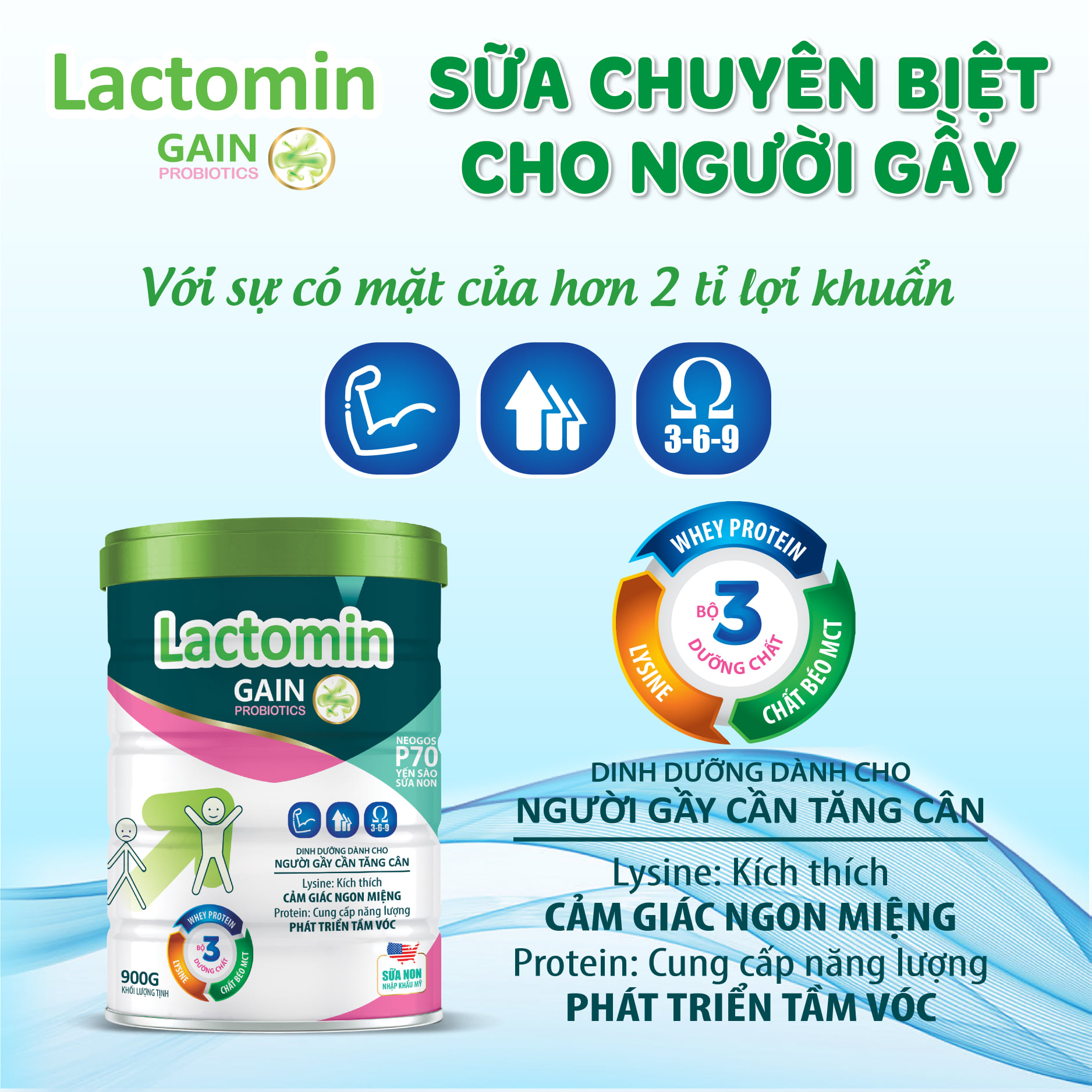 Sữa Mát Lactomin Gain 900g ( Trên 3 tuổi)- Hấp Thụ, Tăng Cân