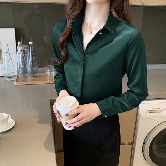 Áo Sơ Mi Nữ Công Sở Màu Xanh Lá Cổ Đức CHIPY Kiểu Hàn Quốc Vintage Ulzzang Form Rộng Dài Tay Đẹp Chất Lụa Cao Cấp A2X
