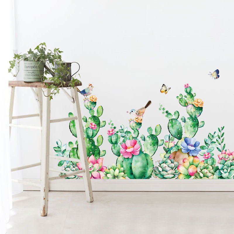 Decal dán tường cây xương rồng bầy chim vui nhộn