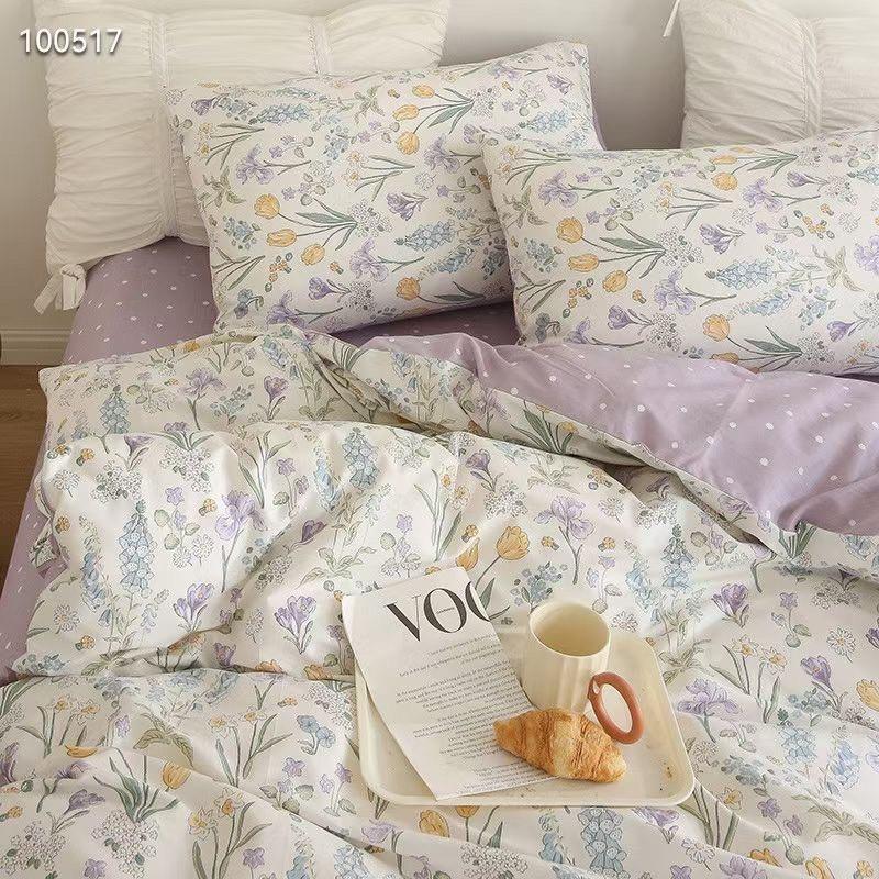 Set Cotton Living Hàn Quốc Hàng Nhập Khẩu Cao Cấp 4 Món Hoa Tím Vintage