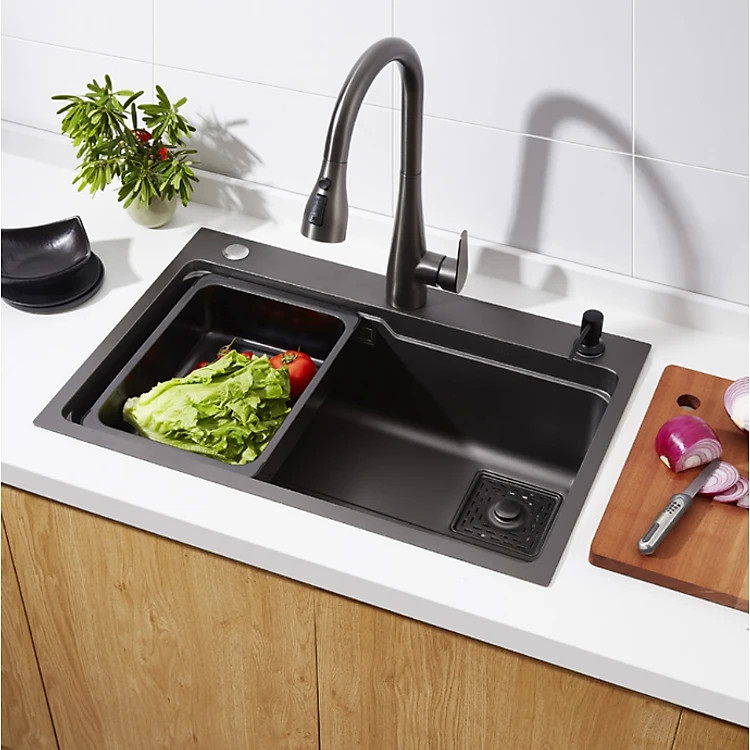 Bồn chậu rửa chén bát 1 hố lớn nano đen 75x46cm dày 3.5 li