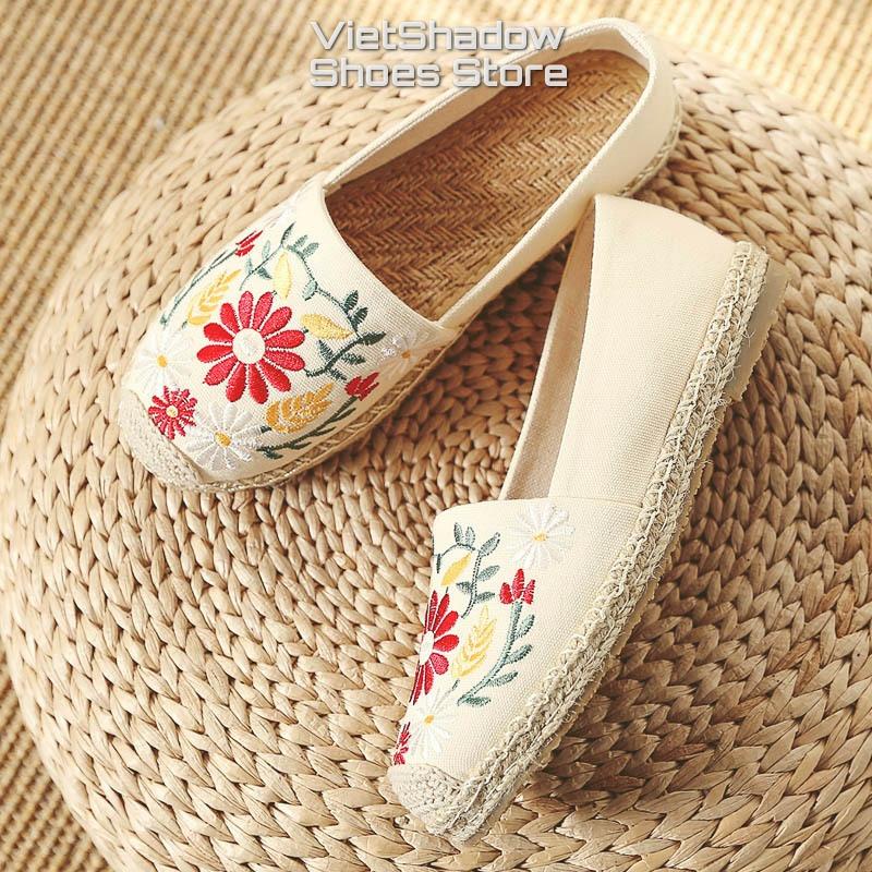 Slip on cói nữ - Giày lười vải thêu hoa - Chất liệu vải bố 4 màu (be), (đen), (đỏ) và (khaki) - Mã SP X-08