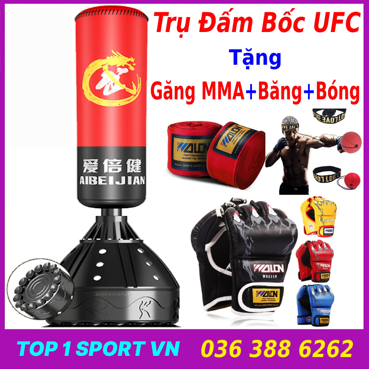 Combo bao cát trụ đấm bốc boxing tự đứng UFC + găng tay đấm bốc boxing + băng đa cuốn tay + bóng phản xạ + lót tay chân - Thiết bị đấm bốc boxing dành cho dân chuyên, phòng tập, võ đường