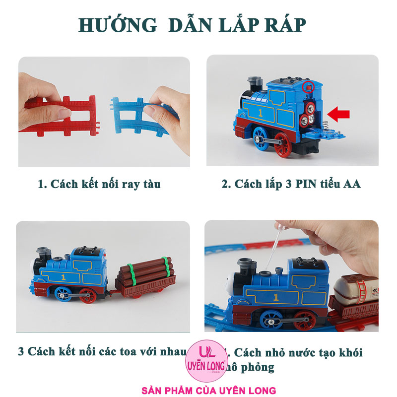 Đồ Chơi Tàu Hỏa Đường Ray Thomas 5 Toa 2055-5, Đèn Nhạc, Âm Thanh, Khói Mô Phỏng, Đường Ray To Dễ Lắp