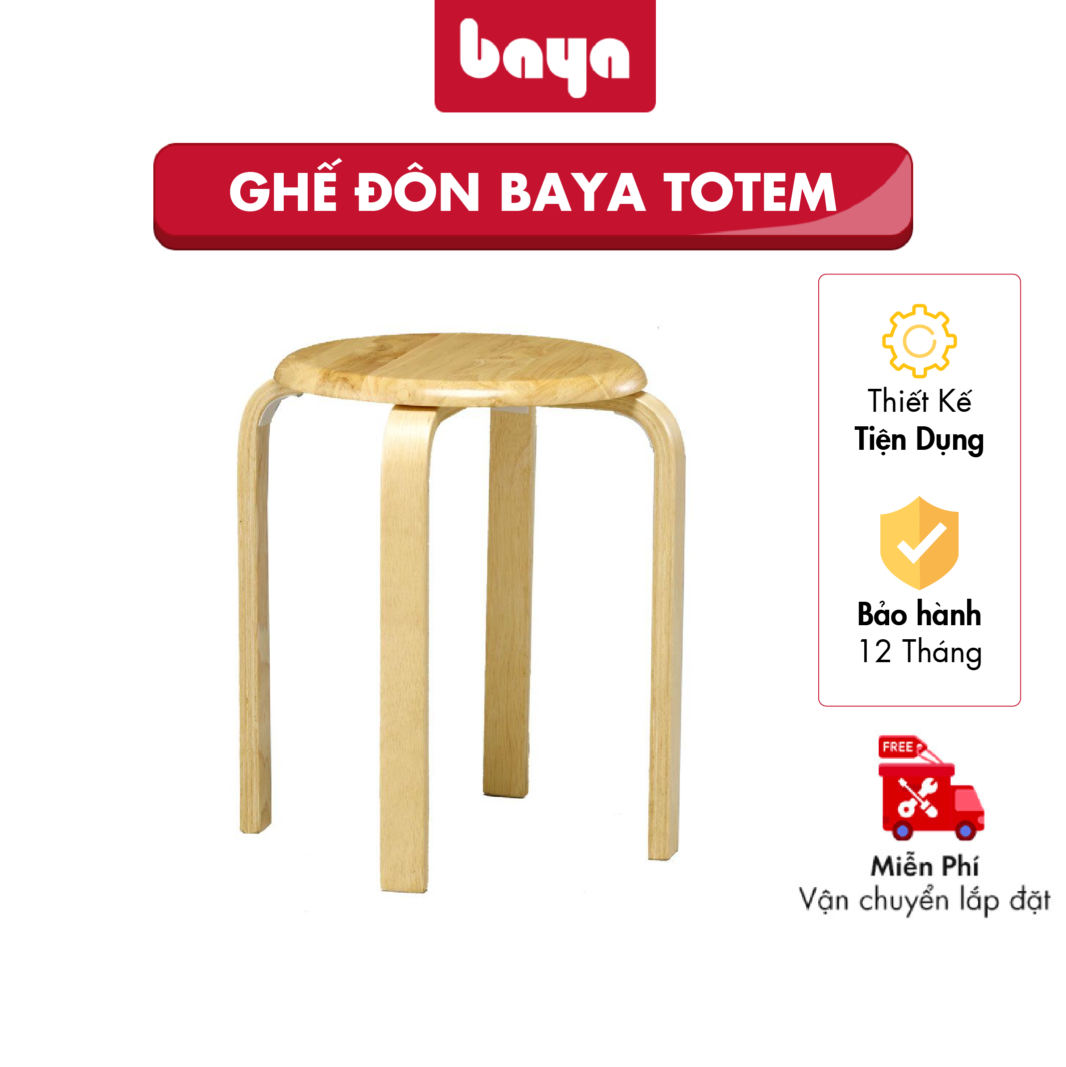 Ghế Đôn Gỗ Cao Su Chịu Lực BAYA Totem Siêu Bền Thiết Kế Mặt Ghế Hình Tròn Chà Nhẵn Mịn, Đường Viền Co Tròn Mềm Mại , 4 Chân Trụ Vuông Chắc Chắn Cao 45cm