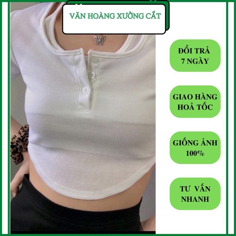 Áo croptop ngắn tay yếm liền cổ trụ vải thun gân mềm mịn