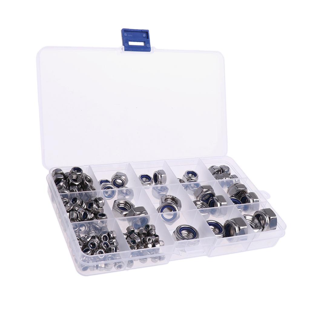 Assorted 304 Steel Nylon Lock Nuts Assortment Kit -M3 M4 M5 M6 M8 M10 M12