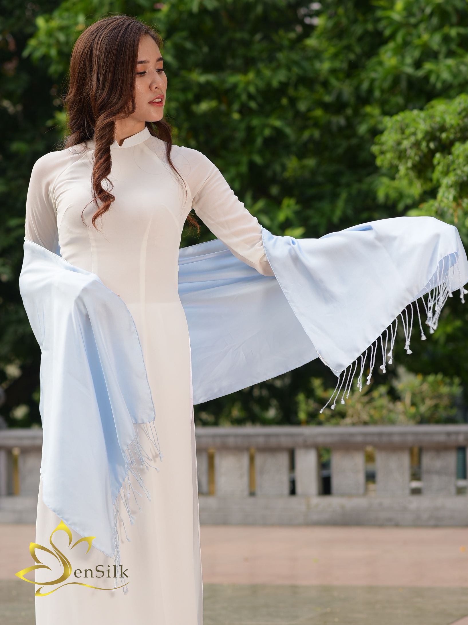 Khăn Lụa Thời Trang SenSilk (Xanh) - Quà Tặng Đối Tác - 100% Silk Gift, Khăn Lụa Tơ Tằm Bảo Lộc, Khăn Lụa Cao Cấp