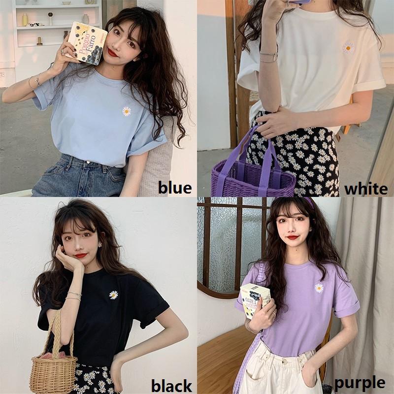 Women Summer Crew Neck College Short Sleeve Floral Print Loose T-Shirt Tops