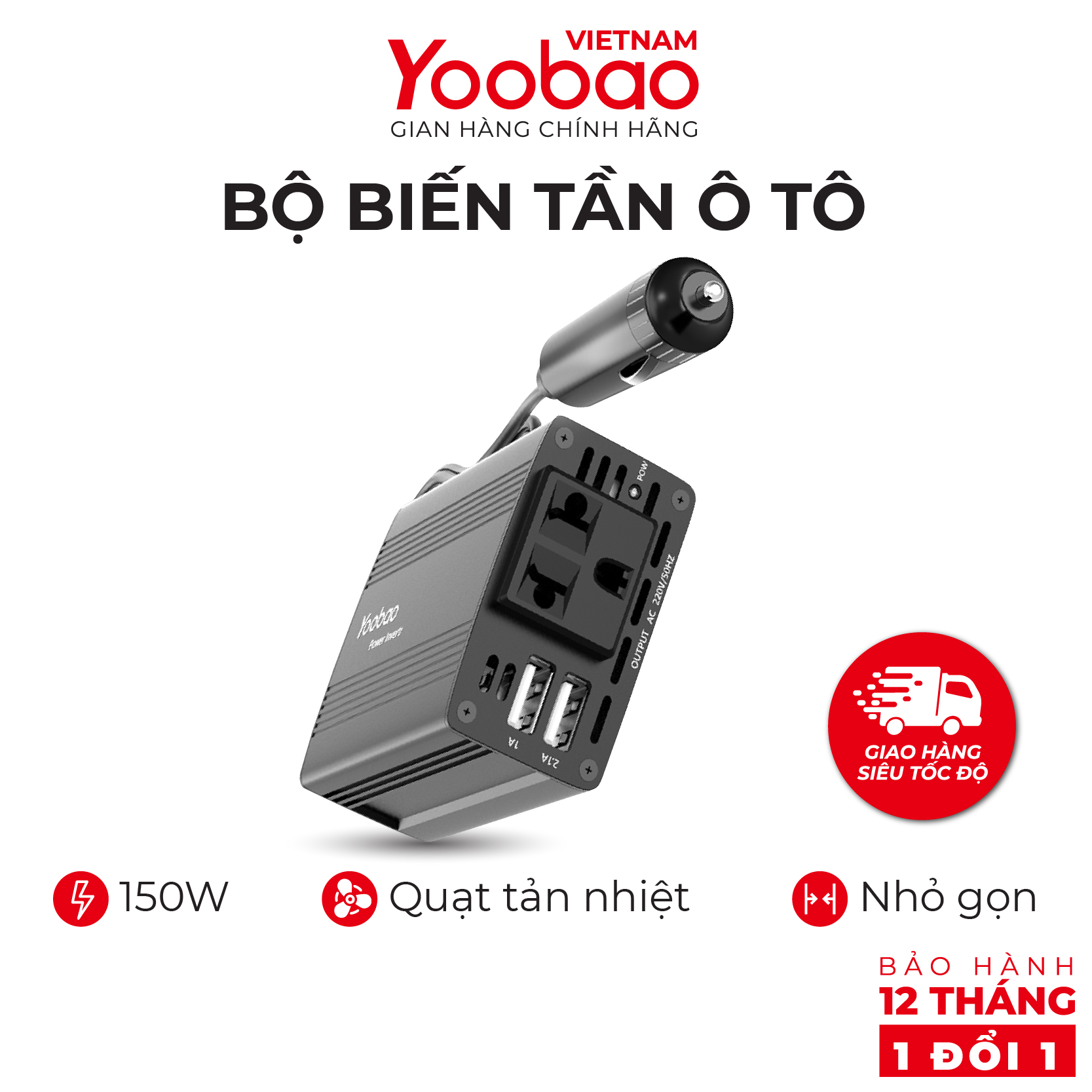 Bộ biến tần ô tô Yoobao 150W từ 12V sang 220V - Hàng chính hãng