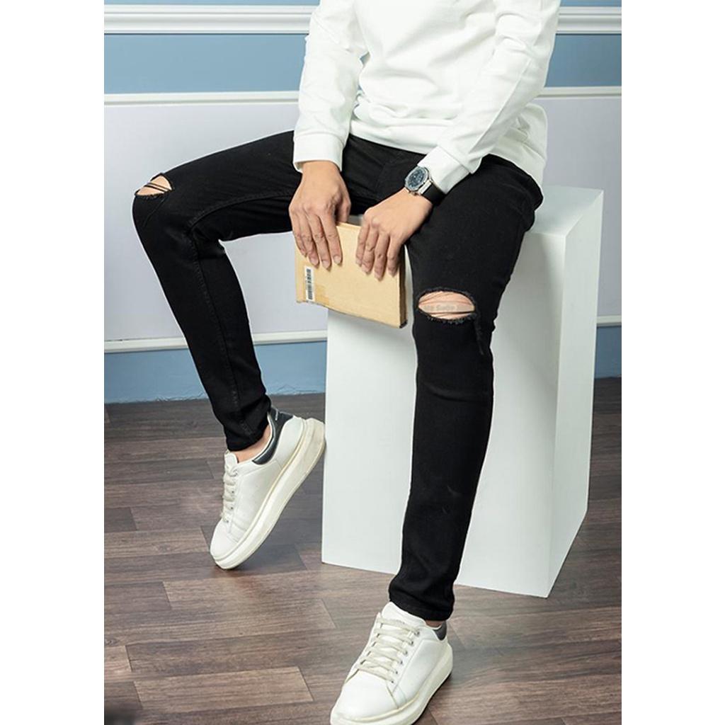 Quần Jean Nam Rách Gối Màu Đen Trơn