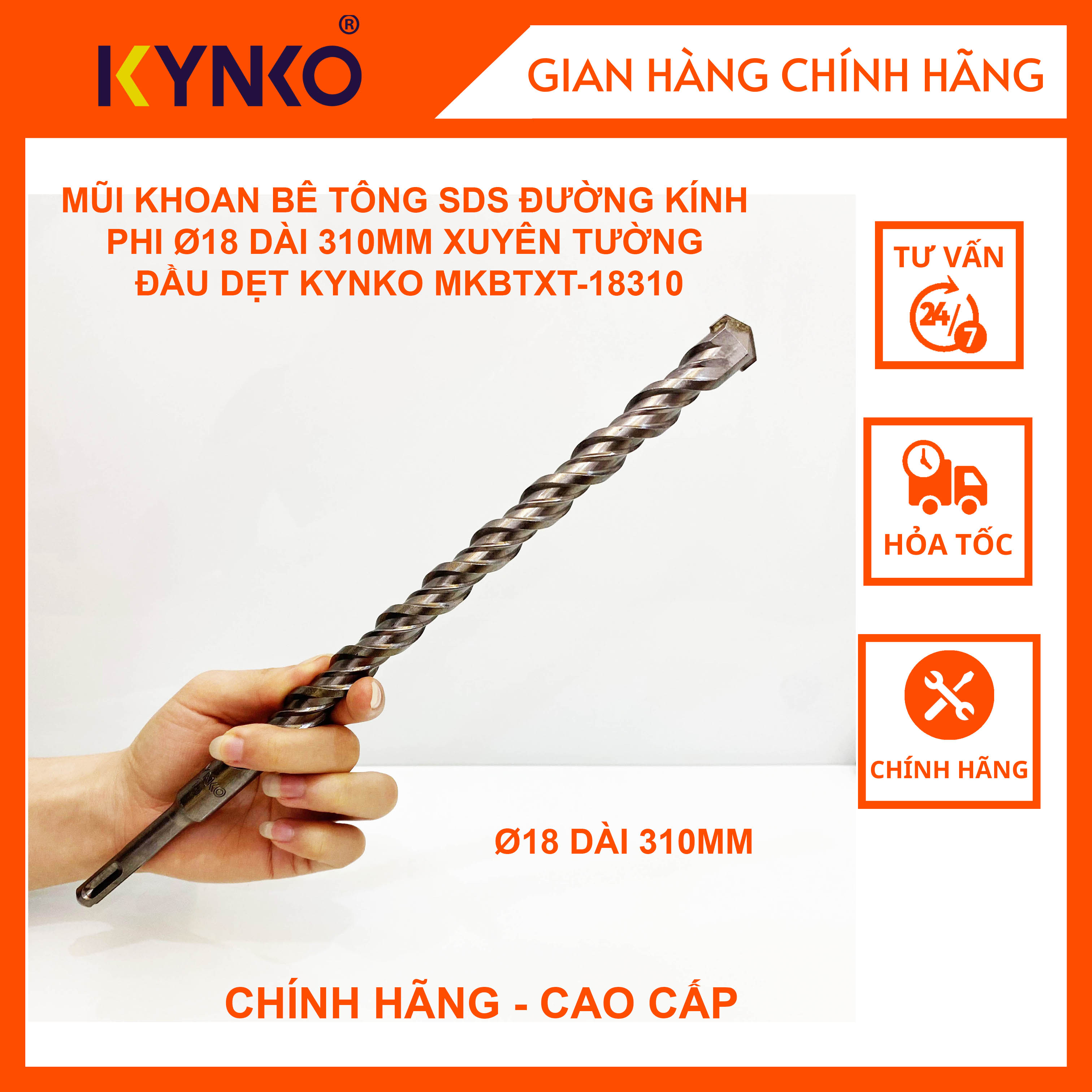 MŨI KHOAN BÊ TÔNG SDS ĐƯỜNG KÍNH PHI Ø18 DÀI 310MM XUYÊN TƯỜNG ĐẦU DẸT KYNKO MKBTXT-18310D