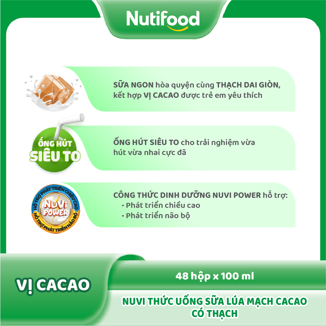 Thùng 48 hộp Sữa Lúa Mạch Cacao Có Thạch Nuvi 100ml - Phát Triển Chiều Cao, Tăng Cường Trí Nhớ