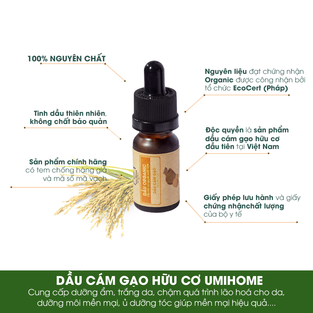 Dầu Cám Gạo Nguyên Chất Umi Home (10ml) Dùng cho dưỡng da, giảm thiểu mụn, cung cấp dưỡng ẩm cho da hiệu quả