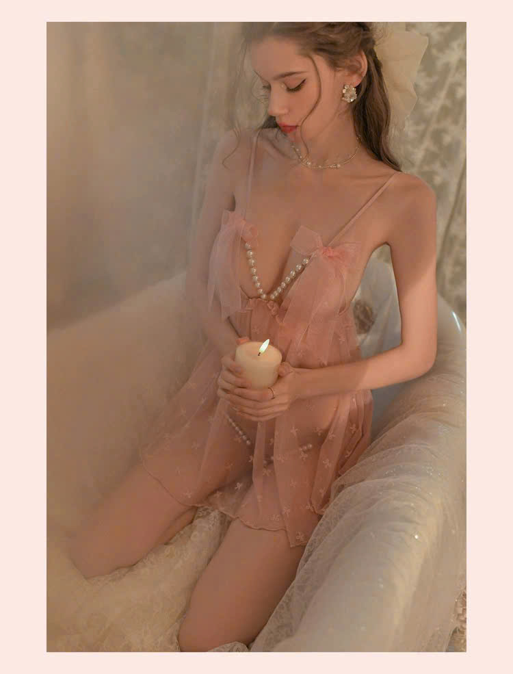 Váy Ngủ D356 Ren Cao Cấp Mẫu Nơ Chuỗi Ngọc Kèm Chip Xinh Xắn