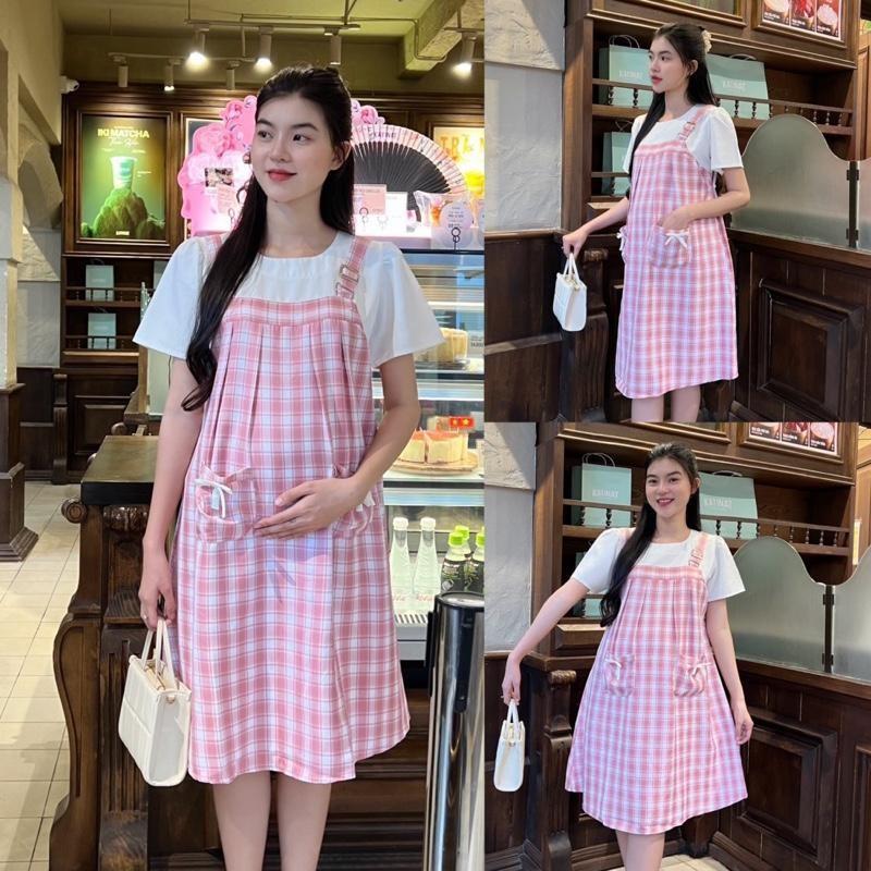 Đầm bầu yếm liền Karo phối túi dễ thương, xinh xắn chất cotton lụa Váy Bầu Năng Động - Đen