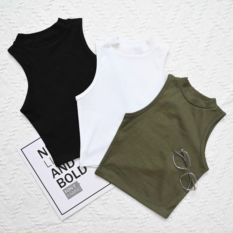 Áo Croptop Thun Gân Nữ 3 Lỗ Kiểu Trơn Sát Nách Cổ Lọ Áo Thun Gân Crop Top Crt Cổ Cao Không Tay Dáng Ôm Body Giá Rẻ Đen