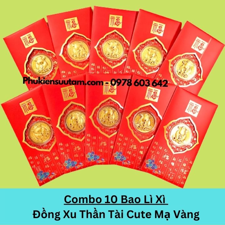 Combo 10 Bao Lì Xì Đồng Xu Thần Tài Cute Mạ Vàng, kích thước: 17cmx9cm, màu đỏ - SP005983