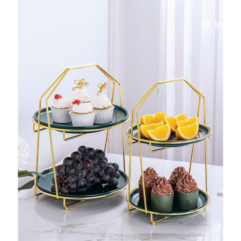 KHAY SỨ ĐỰNG BÁNH KẸO HOA QUẢ HAI TẦNG TRÒN KHUNG KIM LOẠI MẠ VÀNG XANH