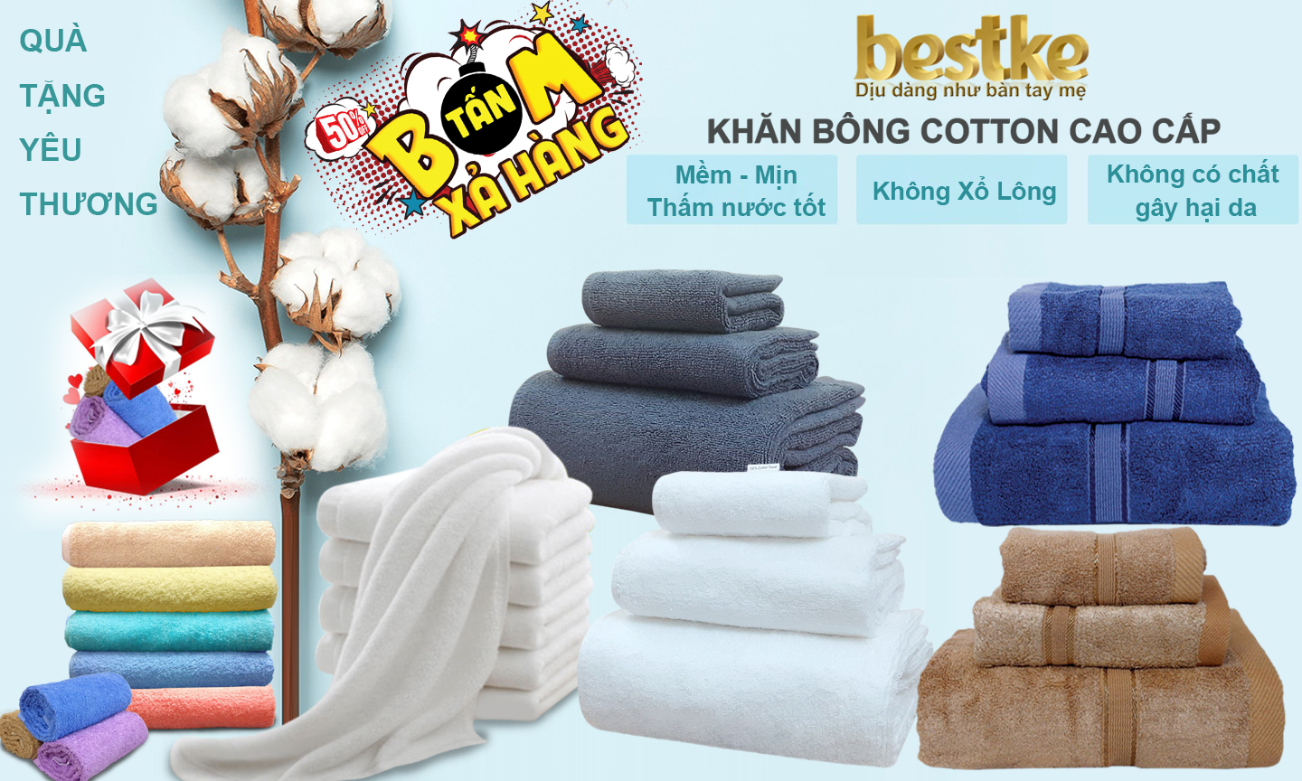 Cotton Towels, Khăn gội bestke 100% cotton, màu xanh nõn chuối, KT 83*33cm, combo 2 cái