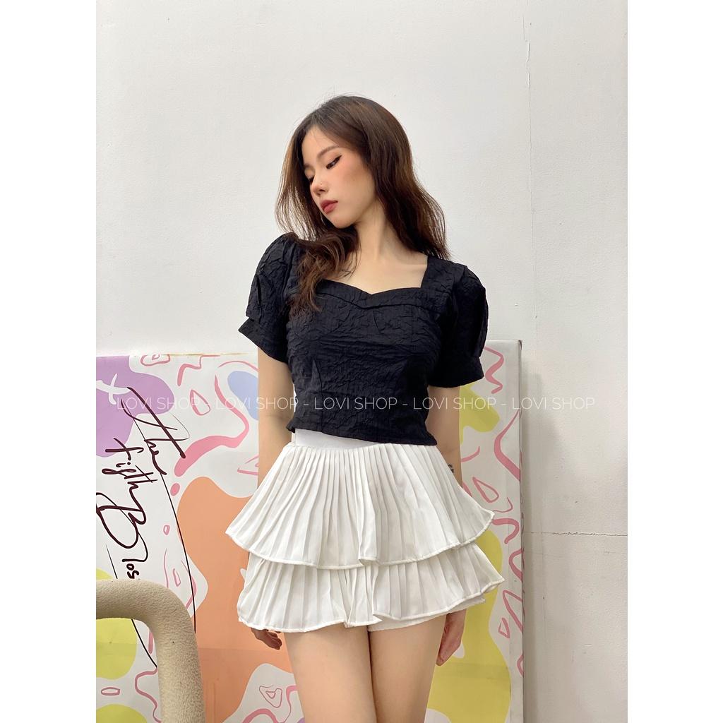 Áo xốp chun Áo croptop cổ vuông tay phồng Lovi