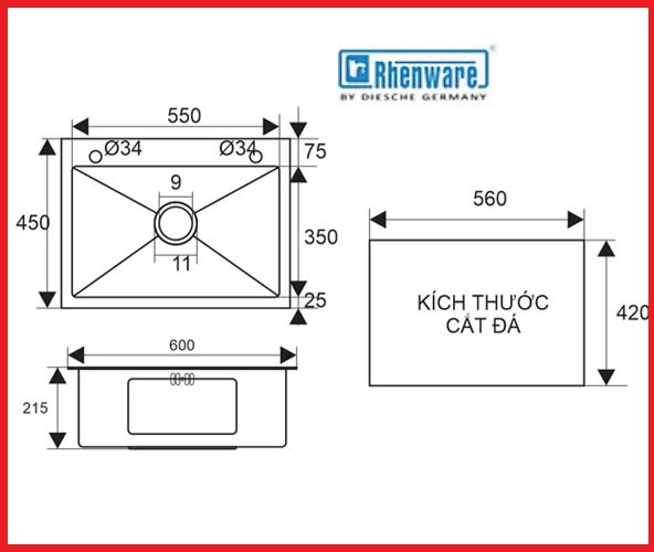 Chậu rửa chén bát đơn cao cấp RHENWARE RC-6045D-304