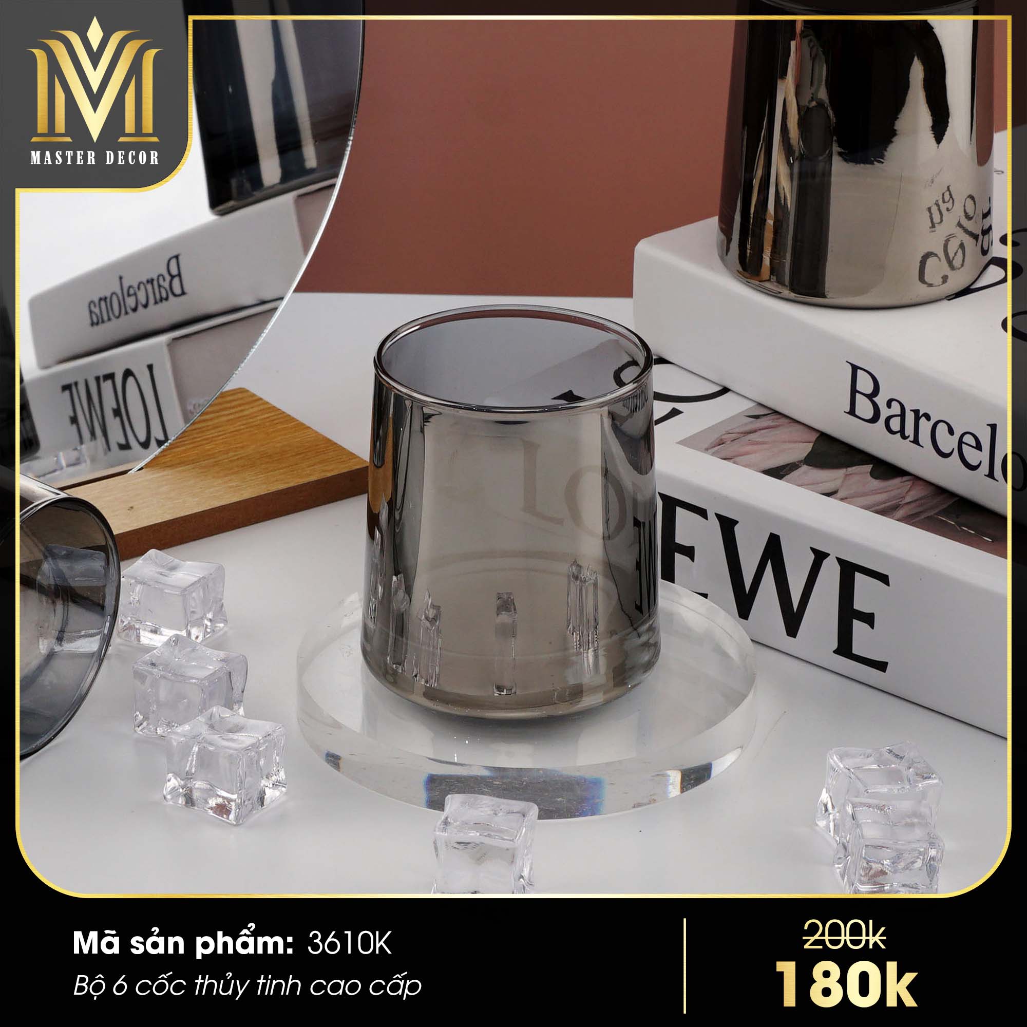 BỘ 6 CỐC THỦY TINH 3610K MÀU ĐEN MỜ DUNG TÍCH 250ML