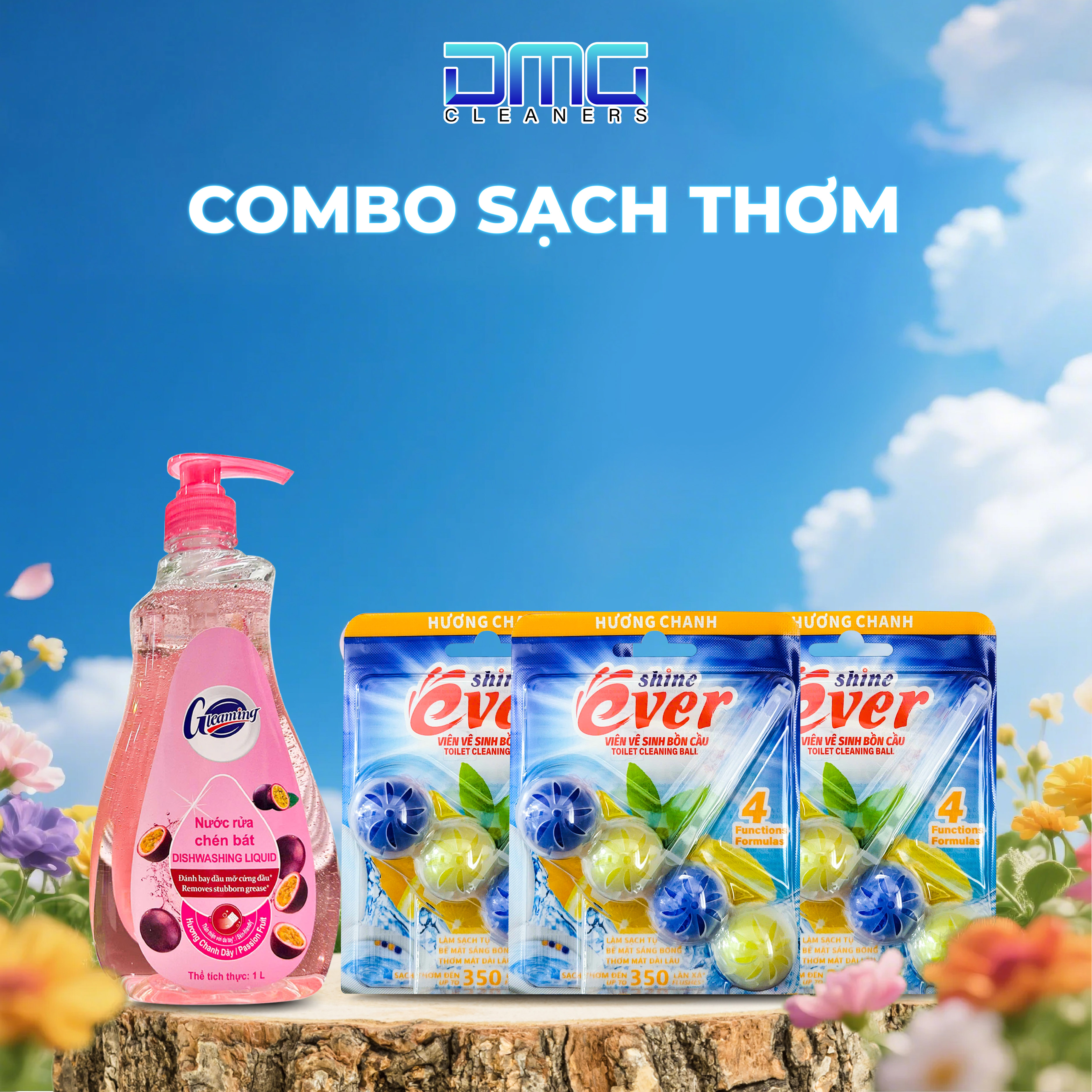 Combo 1 Chai Nước Rửa Chén Hương Chanh Dây 1L + 3 Vỉ treo Bồn Cầu Hương Chanh