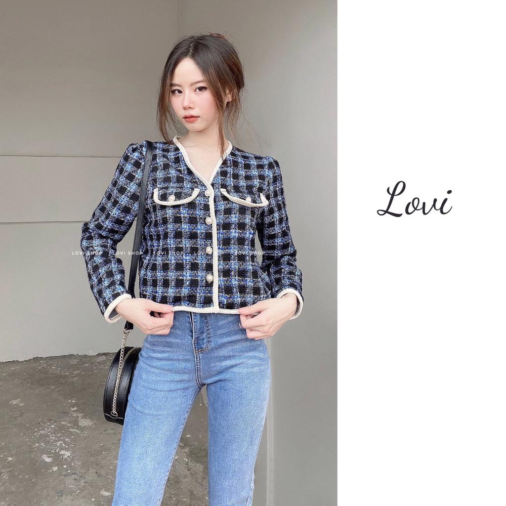 Áo khoác dạ tweed caro tay dài cúc ngọc sang chảnh Lovi