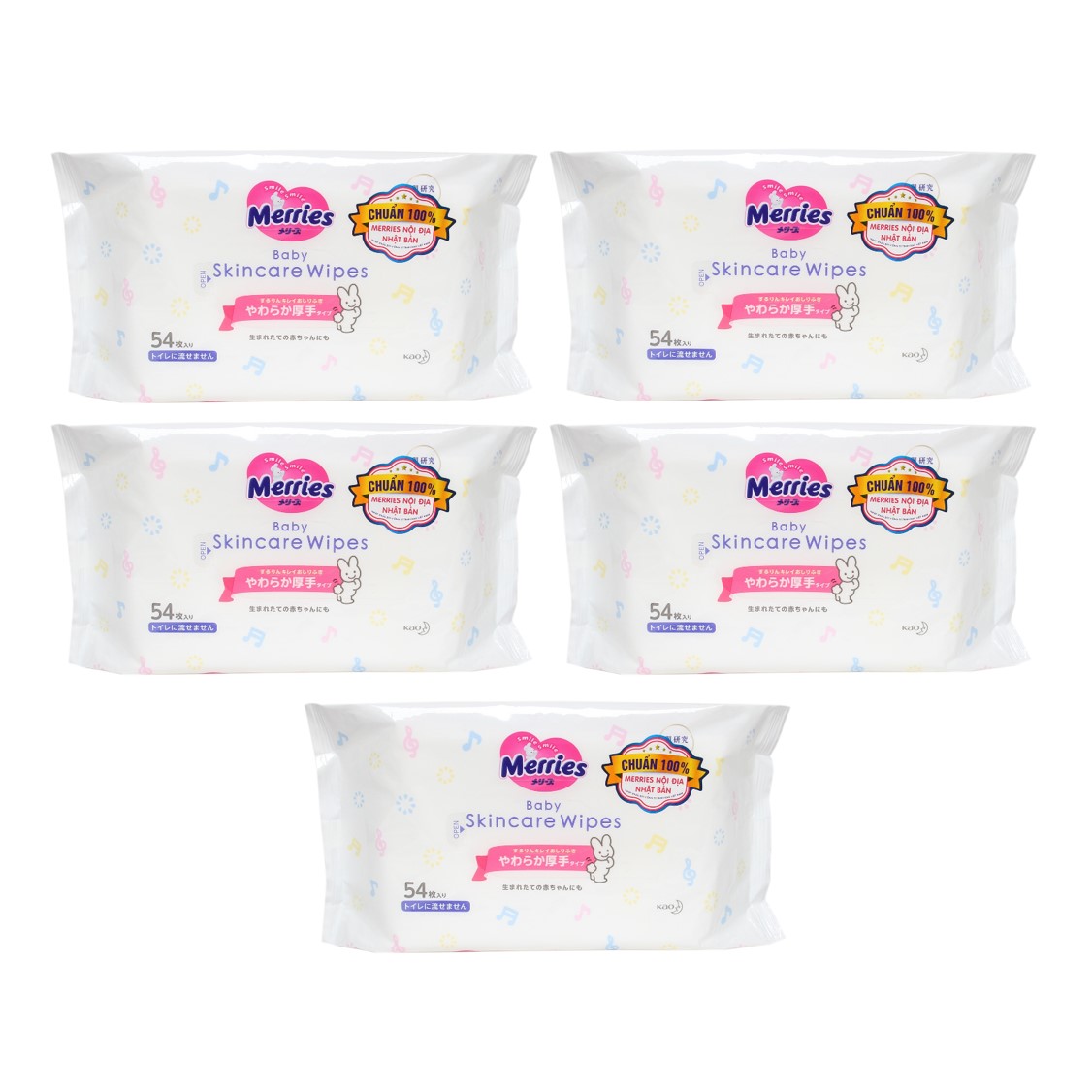 Combo 5 Gói Khăn Giấy Ướt Merries Baby Skincare Wipes (54 miếng/gói x 5)