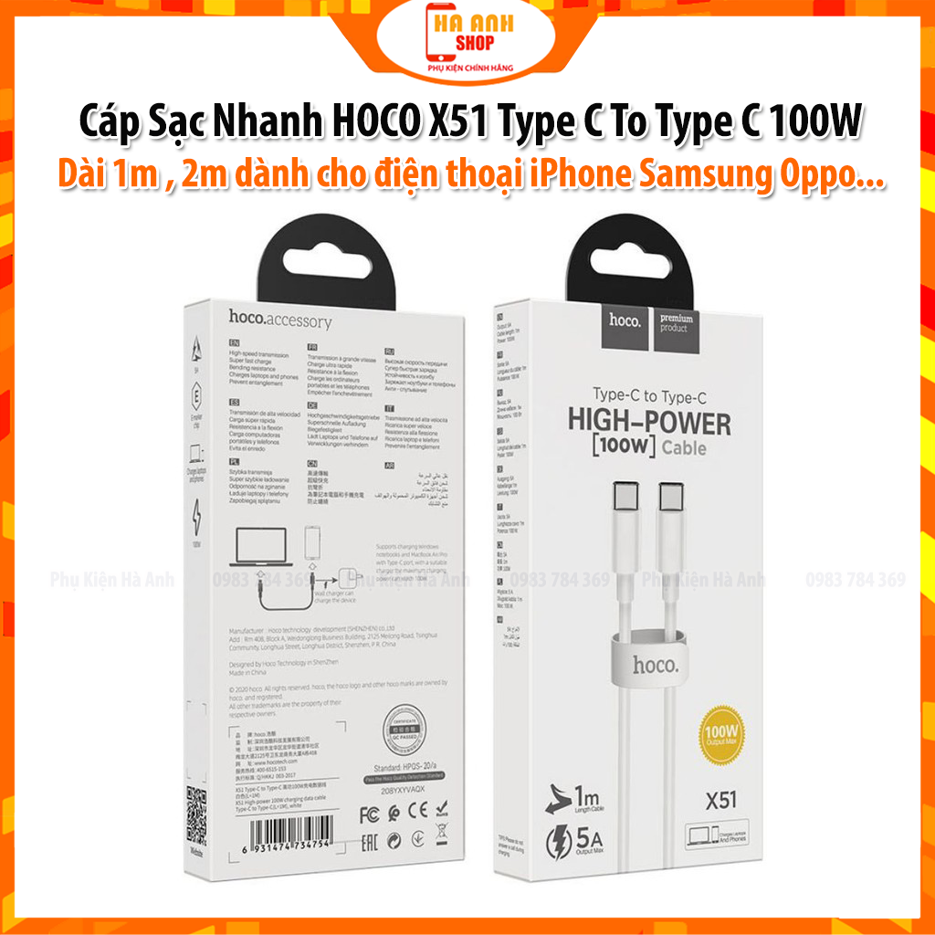 Cáp Sạc Nhanh HOCO X51 Type C 100W hàng chính hãng