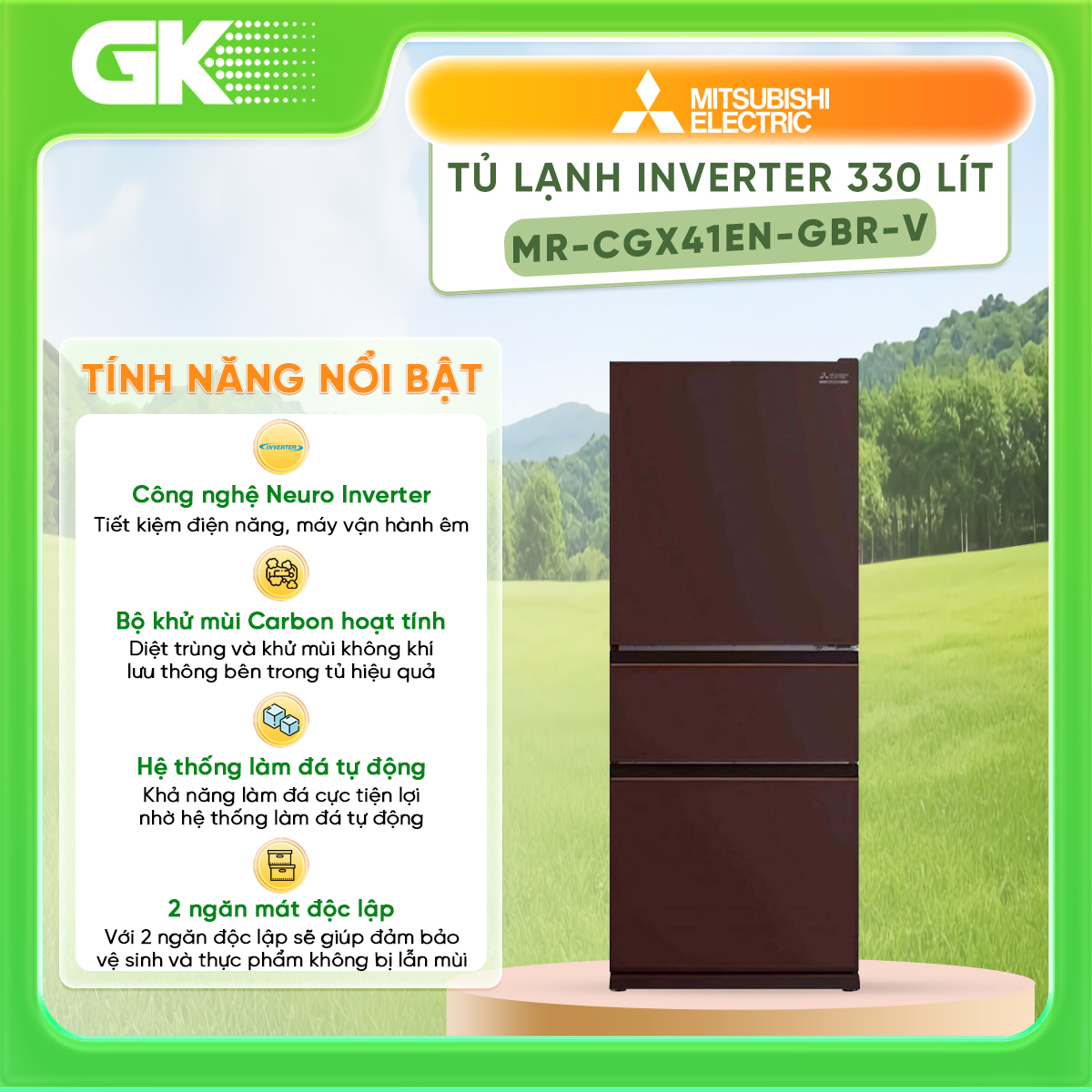 Tủ Lạnh Mitsubishi MR-CGX41EN-GBR-V inverter 330 Lít - Hàng Chính Hãng
