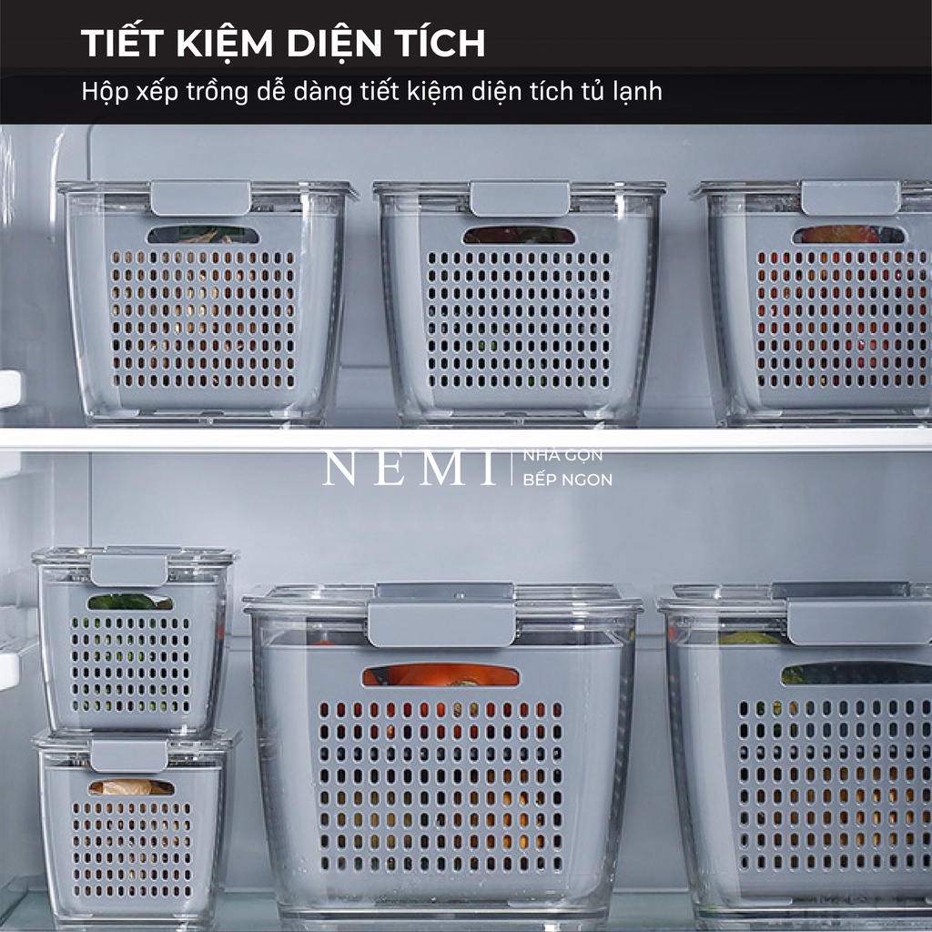 Hộp Bảo Quản Thực Phẩm NEMI Trong Suốt Có Nắp Đậy Kín Khí Tích Hợp Khay Ráo Nước Và Khay Chia Ngăn