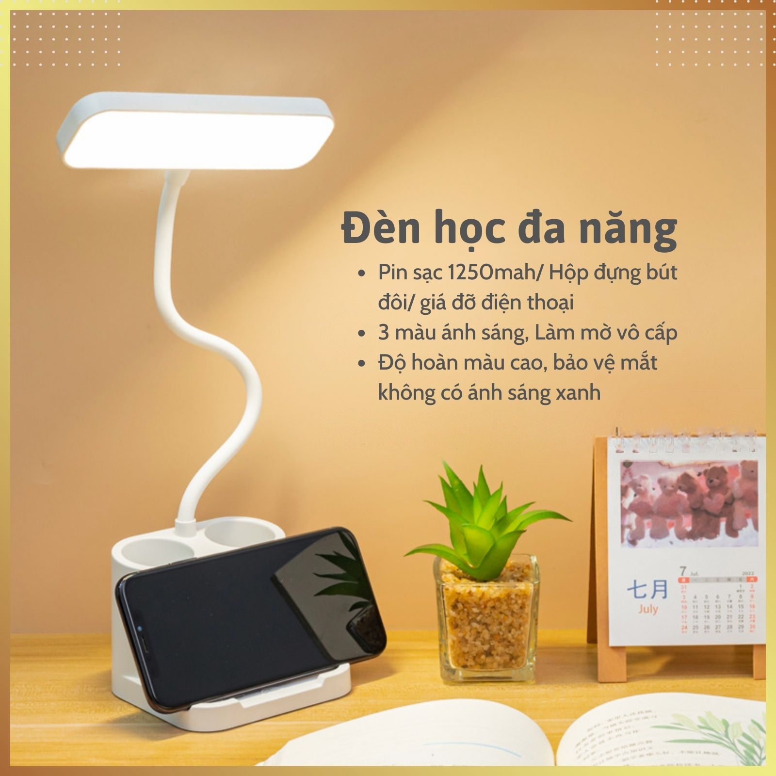 Đèn học để bàn Pin sạc 1250 mAh đựng bút chữ nhật Ba nhiệt độ màu Làm mờ vô cấp