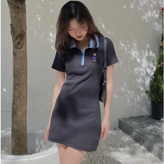 Váy body thêu gấu teddy chất bo gân dày mịn co giãn fit body