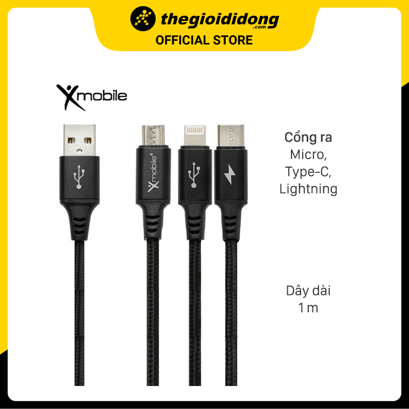 Cáp 3 đầu Light-ning Type C Micro 1m Xmobile DR002 Đen - Hàng chính hãng