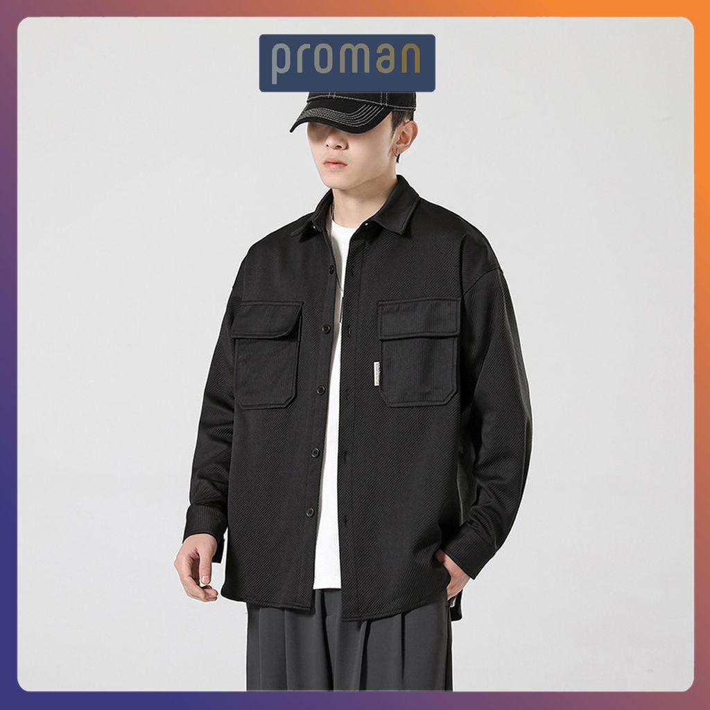 Áo khoác nam sơ mi form RỘNG dài tay cotton tăm, Áo khoác Sơ mi nam nữ có cổ phong cách hàn quốc SM03 - PROMAN