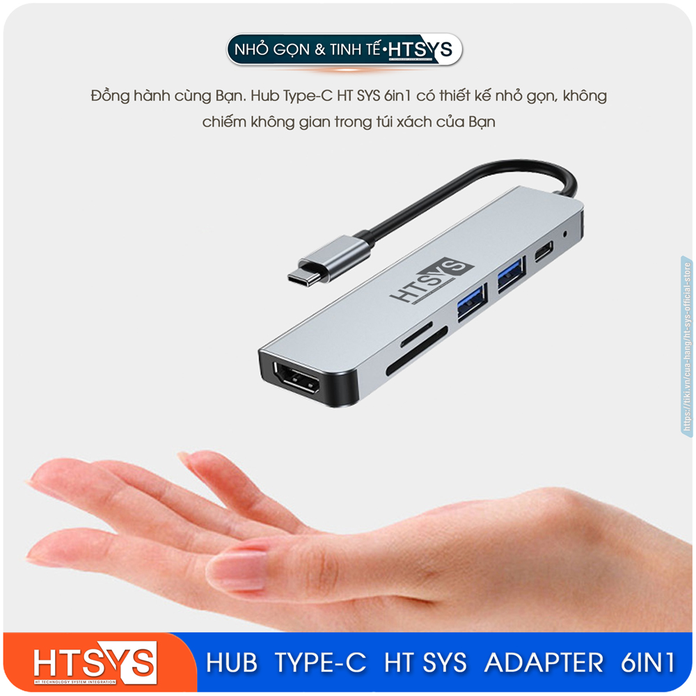 Hub Chuyển Đổi USB Type C HT SYS 6 in 1 To HDMI, USB 3.0, SD, TF, PD 100W - Hàng Chính Hãng