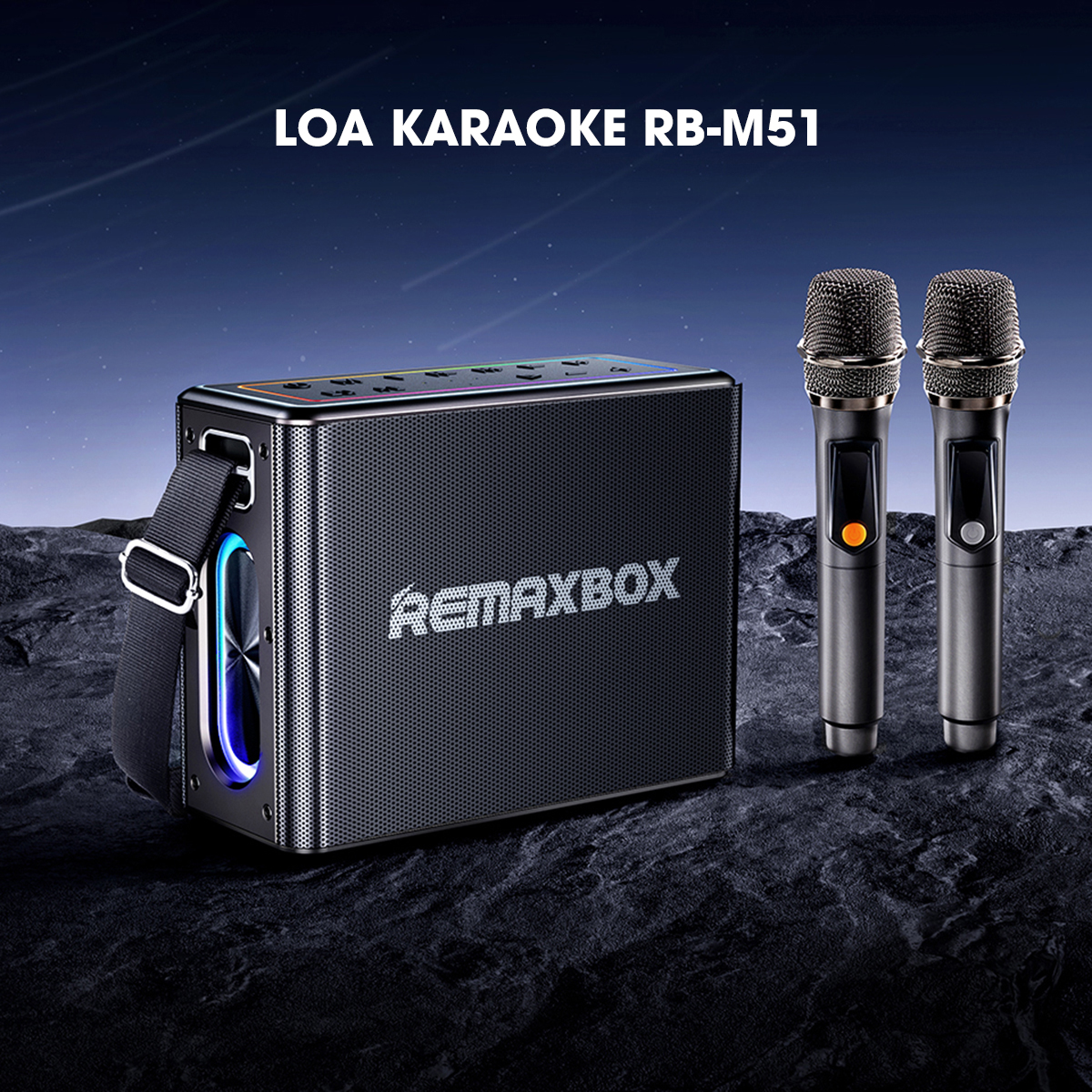 Loa Karaoke Bluetooth Remax RB-M51 Kèm 2 Micro không dây LED RGB hát Karaoke tại nhà, Âm thanh hay bass cực chuẩn - Hàng chính hãng