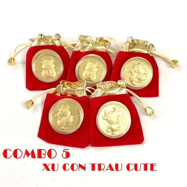 Combo 5 đồng xu con Trâu cute tặng túi gấm 2021 (giao mẫu ngẫu nhiên), đường kính đồng xu 4cm, mang lại may mắn, tài lộc, dùng làm quà tặng Lễ, Tết may mắn, ý nghĩa - TMT Collection - SP005112