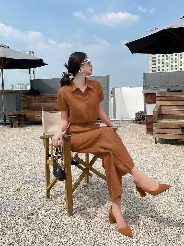 Sét nguyên bộ quần dài lưng thun áo sơ mi tay ngắn trẻ trung sang trọng