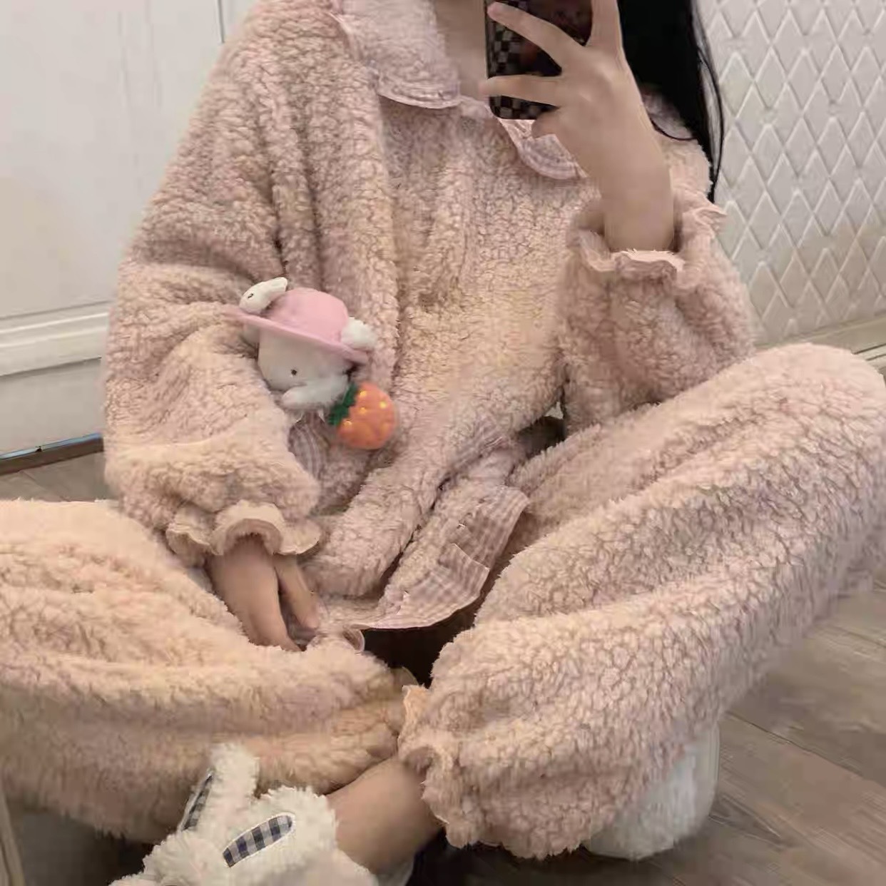 BỘ MẶC NHÀ NỮ LÔNG DÀY ĐẸP PHỐI BÈO KẺ ULZZANG HÀN QUỐC