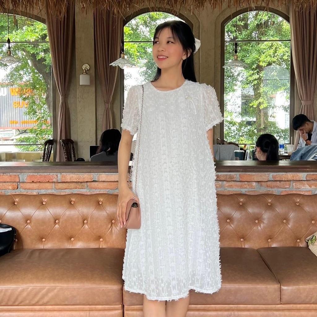 Đầm bầu tơ thêu nổi phom suông cách điệu đính nơ xinh xắn đi chơi, dự tiệc Nữ Women - Hồng