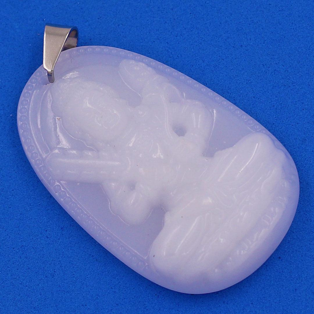 Mặt Phật Hư không tạng đá thạch anh trắng 3.6 cm kèm móc và dây chuyền inox, Mặt Phật bản mệnh