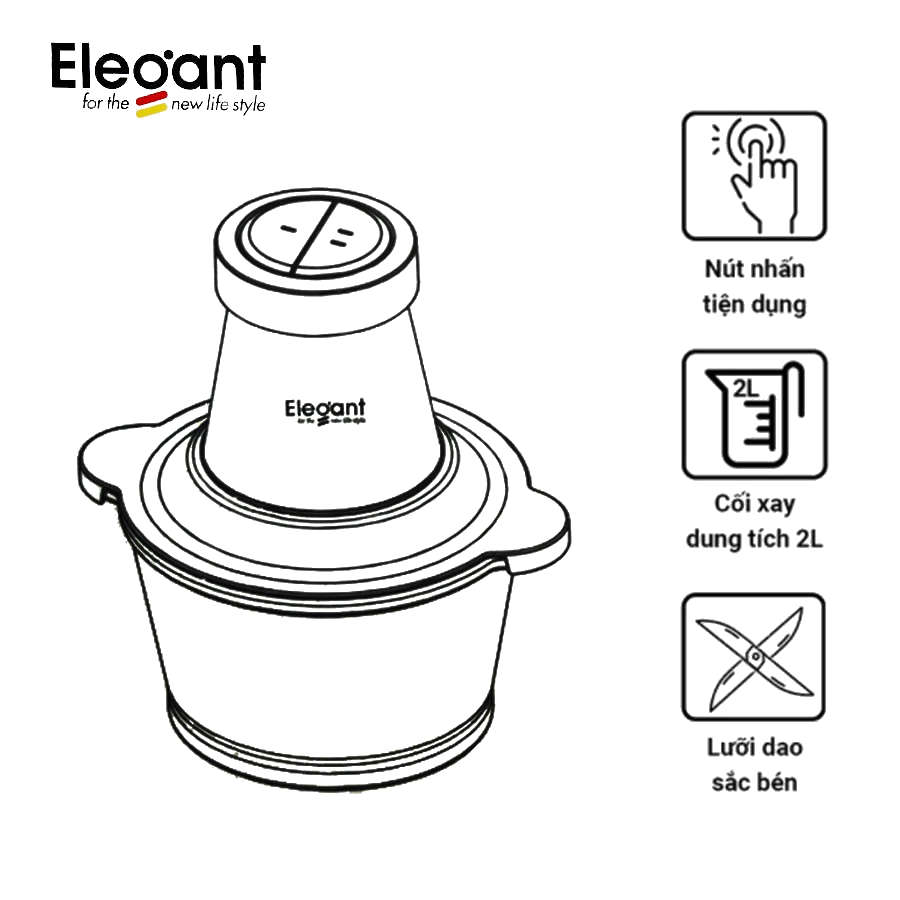 Máy xay thịt đa năng Elegant FC-J08 công suất 350W, cối thủy tinh 1.8L - Hàng chính hãng