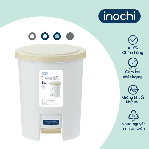 Thùng rác đạp tròn Inochi - Hiro 6L Thân Ghi sữa+ Nắp Ghi sữa/Xanh nhật