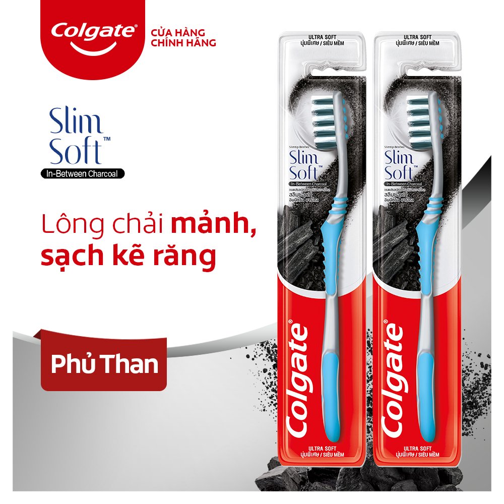Bộ 2 Bàn chải Colgate Slimsoft Between Charcoal lông chải mềm mảnh xen sợi phủ than hoạt tính