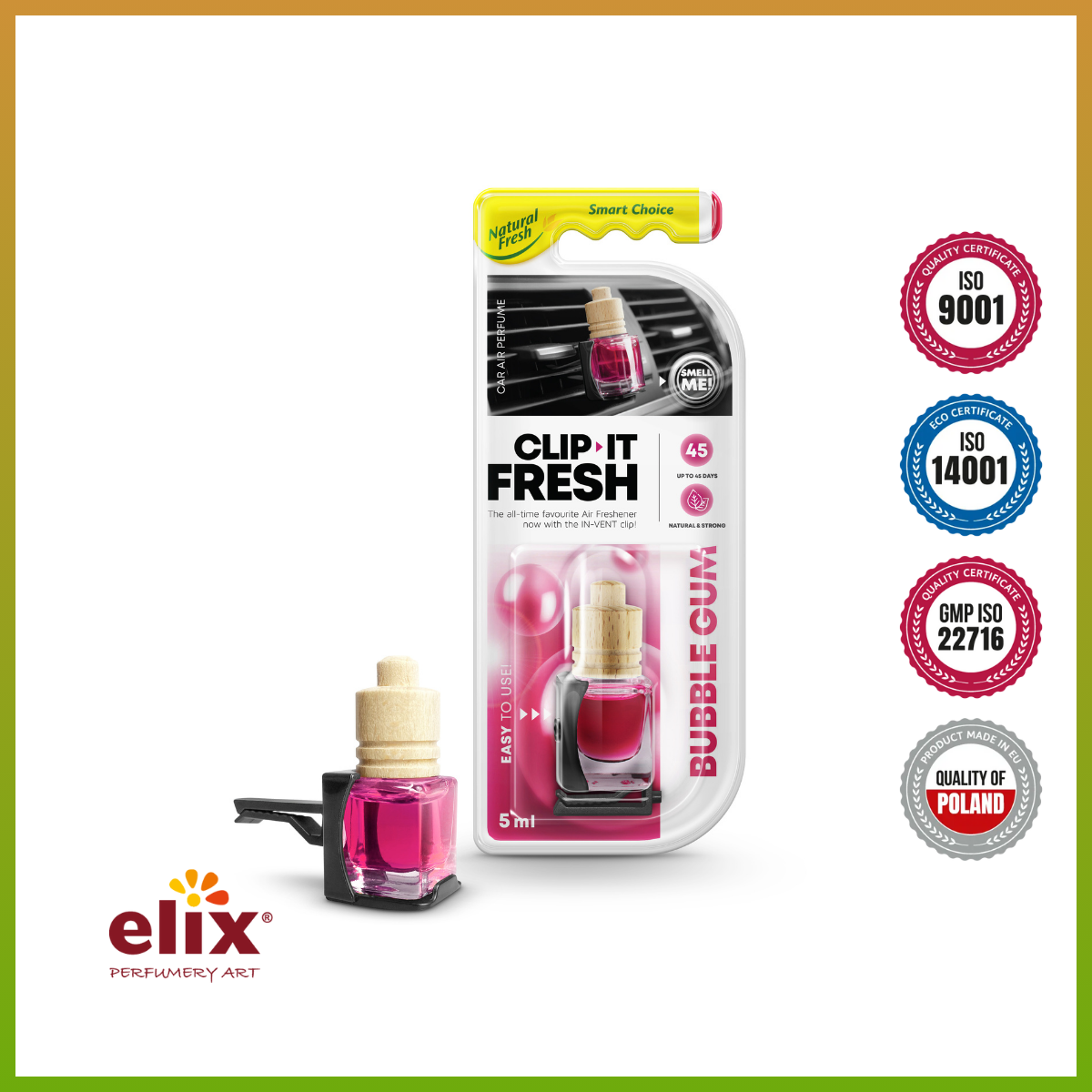 Nước hoa kẹp cửa gió ELIX - Clip it Fresh - Hương Bubble Gum (Kẹo gum)