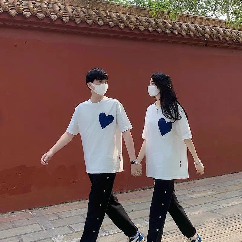 Áo Thun Cặp Đôi In Logo Tim Xanh Đơn Gỉan